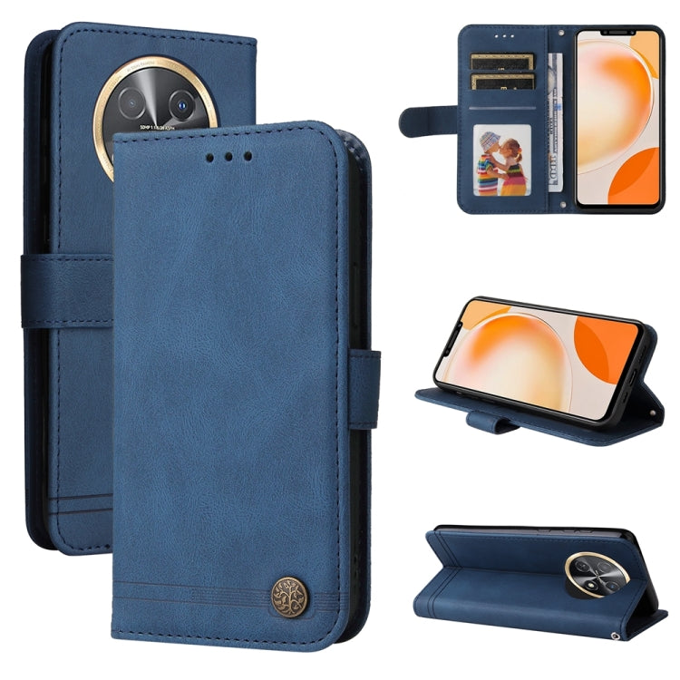 Blue leather phone case with metal button, card slots and kickstand.