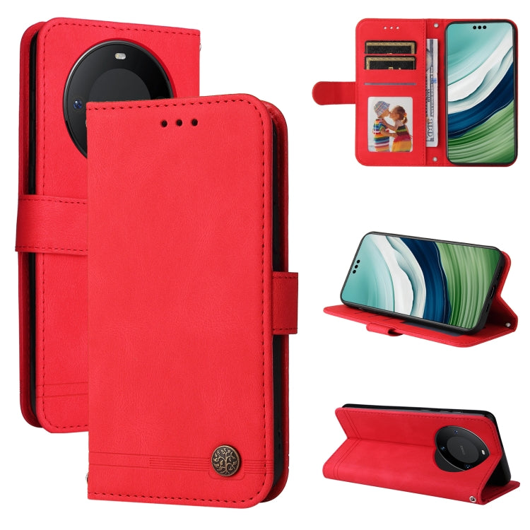 Red leather phone case with metal button, flip cover and card slots