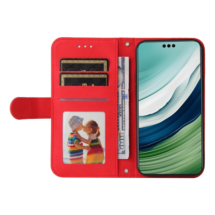 Red leather folio phone case with card slots, photo window, and stand