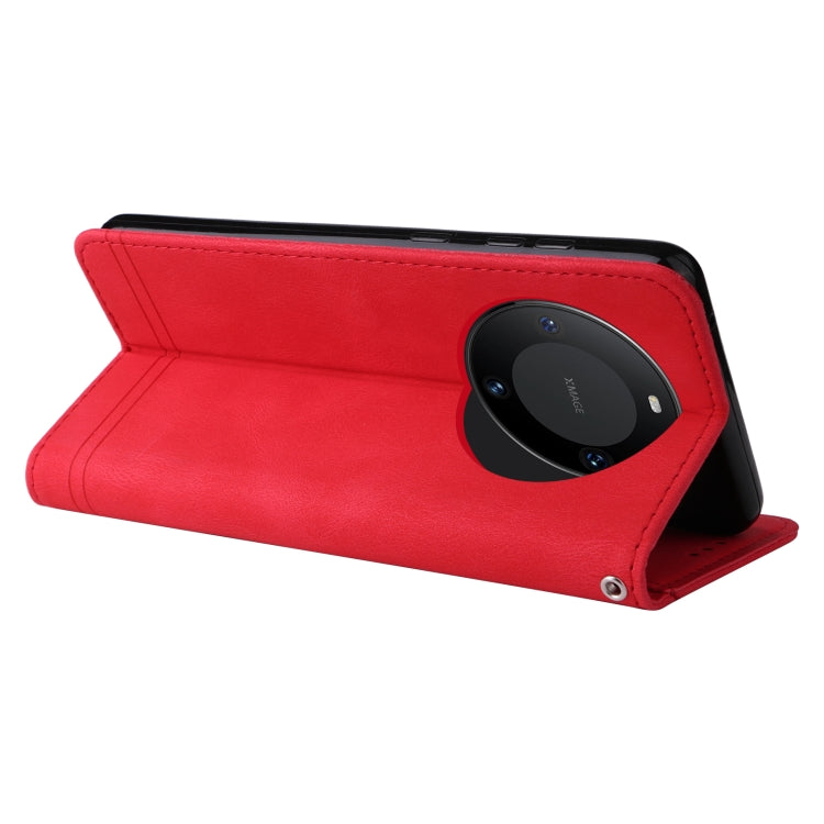 Red leather flip phone case with metal button and kickstand