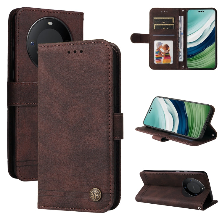 Brown leather phone case with metal button, flip cover and card slots