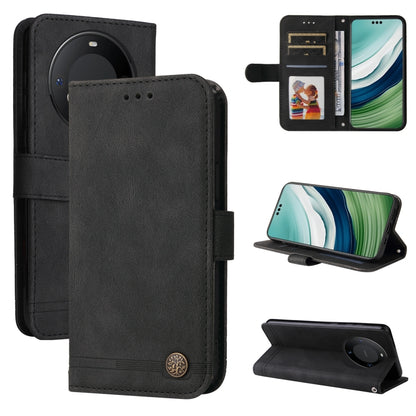 Black leather phone case with metal button and card slots