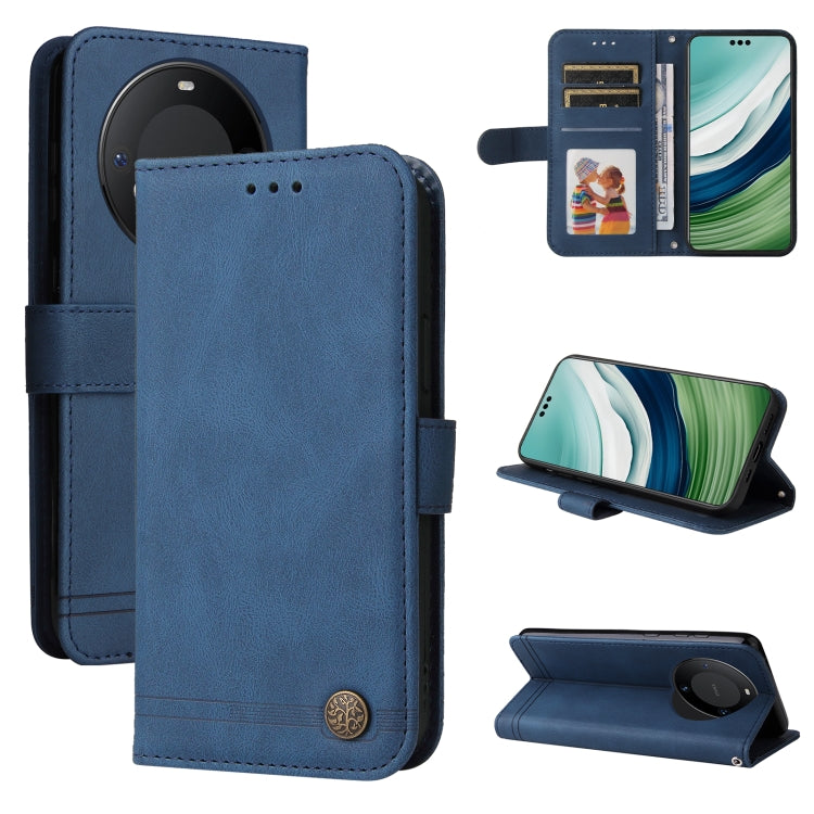 Blue leather phone case with metal button, flip cover and stand
