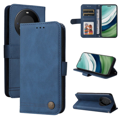 Blue leather phone case with metal button, flip cover and stand