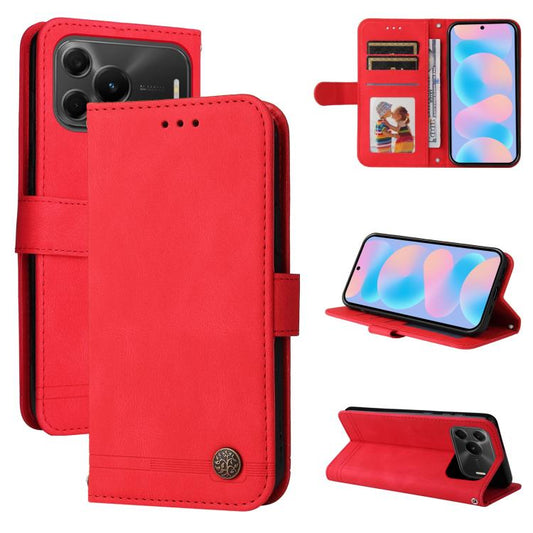 Red leather wallet phone case with card slot and stand, button closure detail.