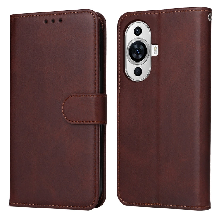 Brown flip leather phone case with calf texture, side strap, and camera cutout