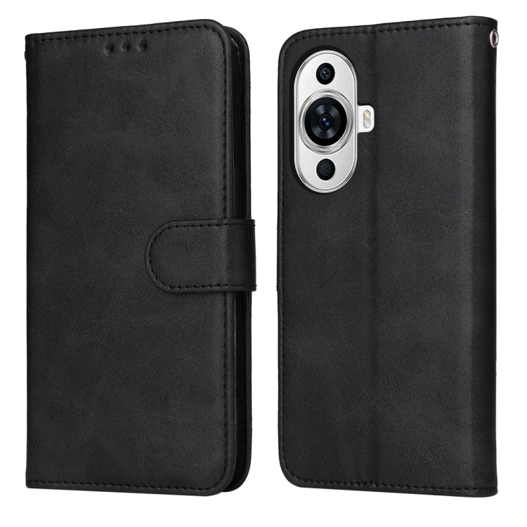 Black flip leather phone case with calf texture and side strap, camera cutout