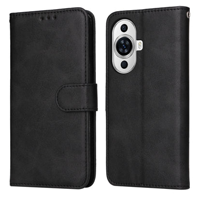 Black flip leather phone case with calf texture and side strap, camera cutout