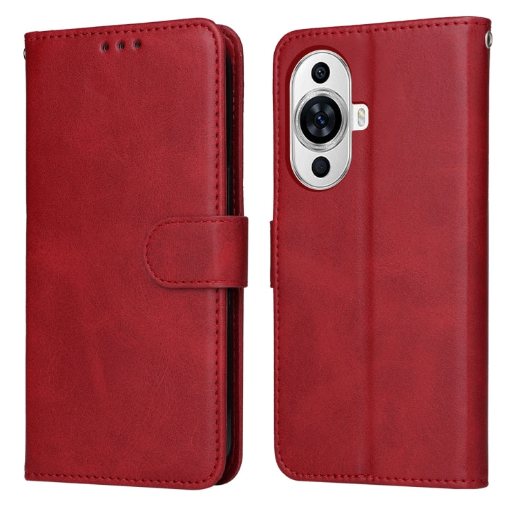 Red flip leather phone case with calf texture, side strap, and camera cutout