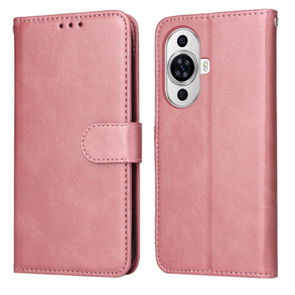 Rose pink flip leather phone case with calf texture and side strap, camera cutout