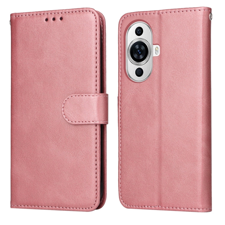 Rose pink flip leather phone case with dual camera cutouts and side strap
