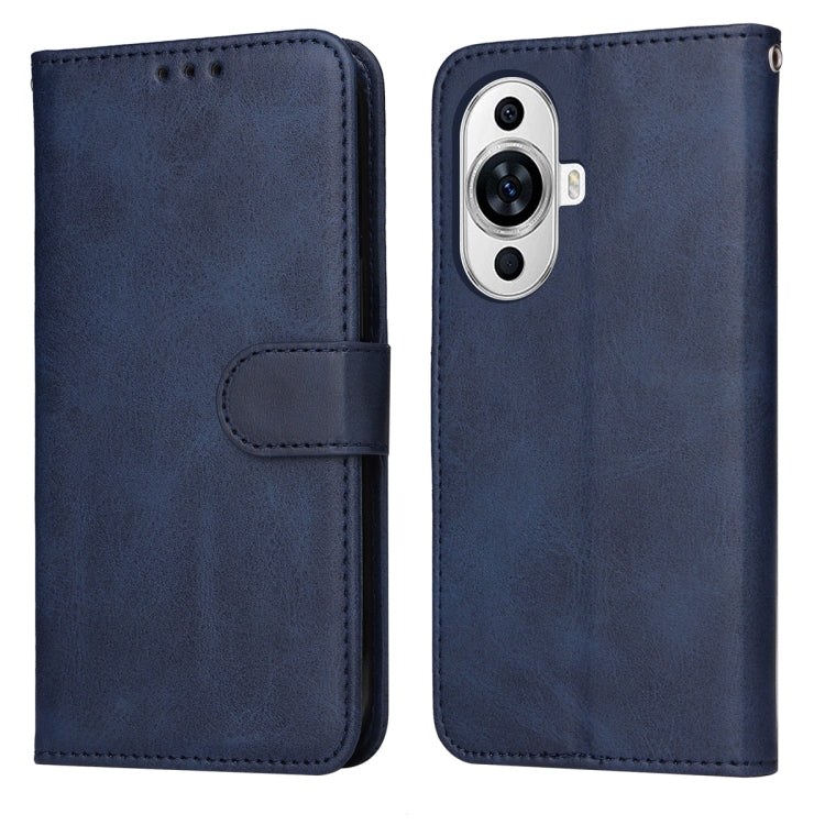 Blue flip leather phone case with calf texture and side strap, card slot, camera cutout