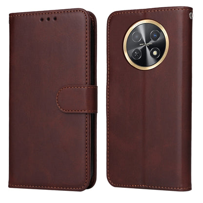 Brown flip leather phone case with circular camera cutout and stitched side strap