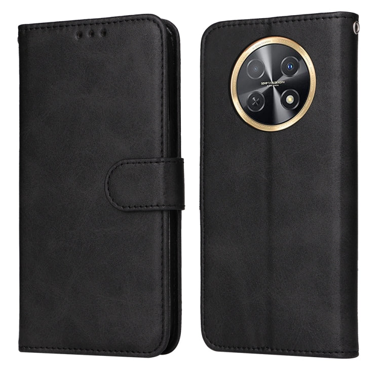 Black flip leather phone case with circular camera cutout and secure side strap
