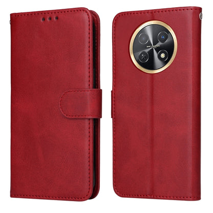 Red flip leather phone case with circular camera cutout and stitched side strap