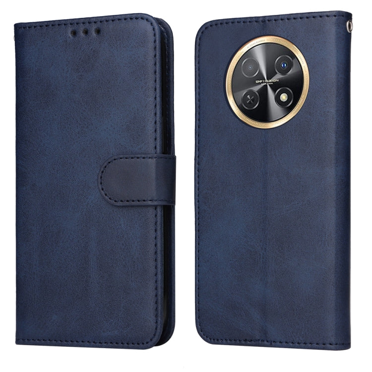 Navy blue flip leather phone case with circular camera cutout and side strap closure