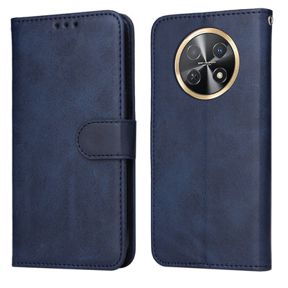 Navy blue flip leather phone case with circular camera cutout and side strap closure