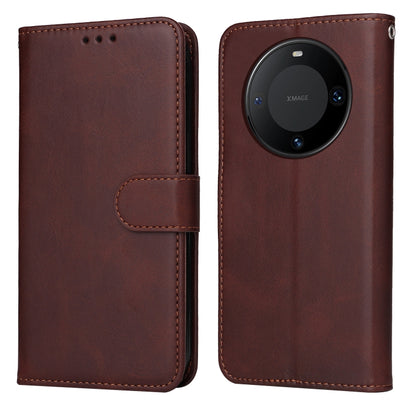 Brown calf-texture flip phone case with stitched folio flap and camera cutout