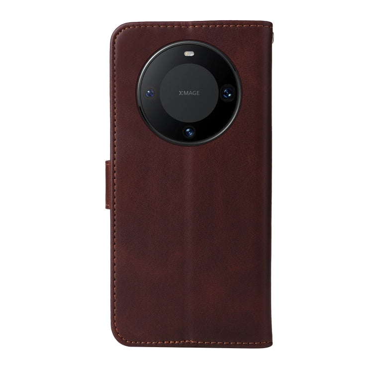 Brown leather flip phone case with round camera cutout and stitched edges