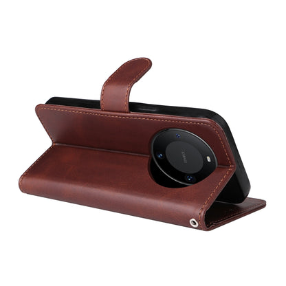 Brown leather folio flip phone case with camera opening and fold-over stand