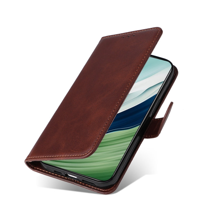 Brown leather flip phone case folded as a stand with camera opening
