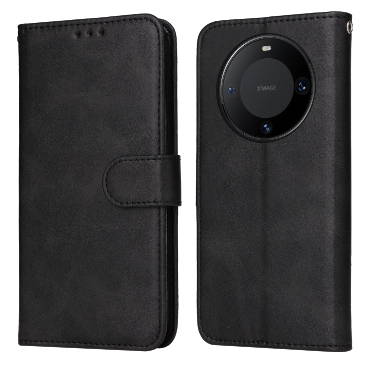 Black leather flip phone case with folio flap and round camera cutout