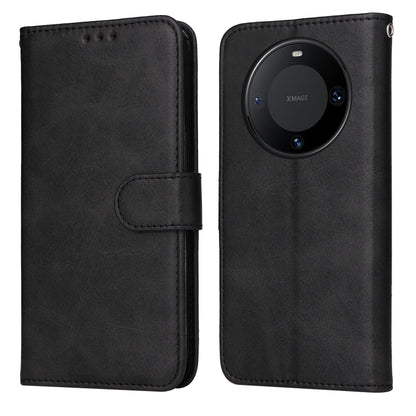 Black leather flip phone case with folio flap and round camera cutout