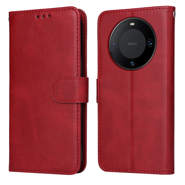 Red leather flip phone case with stitched strap and round camera cutout