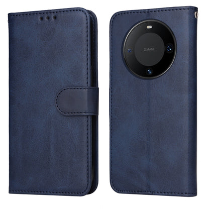 Blue flip leather phone case with circular camera cutout and secure side strap