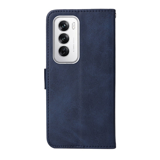 Blue leather flip phone case with stitched edges and camera cutout