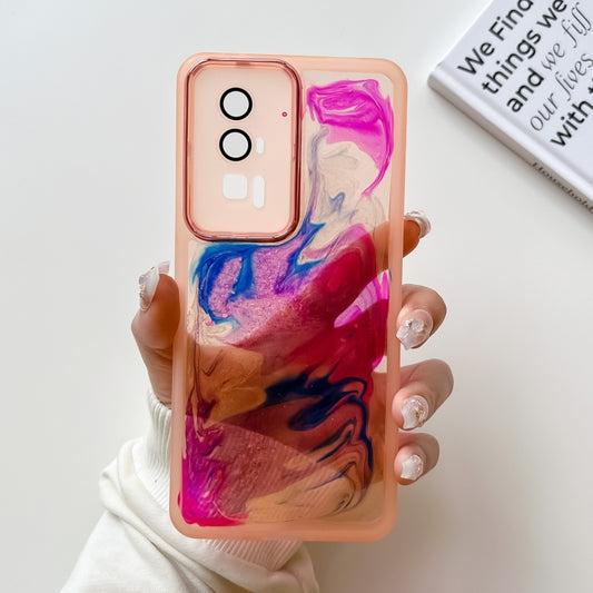 Pink TPU phone case with electroplated trim, marbled art, dual camera and flash cutouts