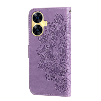 Lavender embossed leather phone case with floral mandala pattern and dual camera cutout