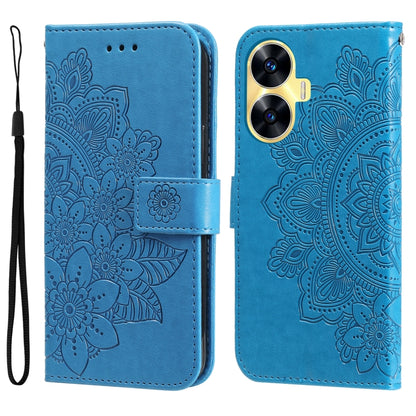 Blue embossed leather phone case with floral mandala design and flip cover
