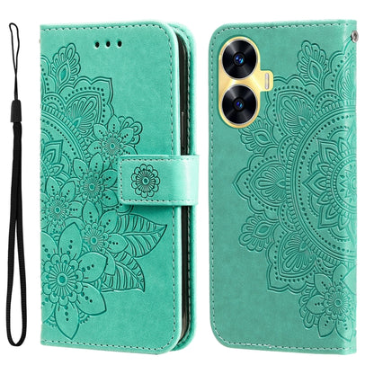 Green embossed leather phone case with floral mandala pattern and flip cover