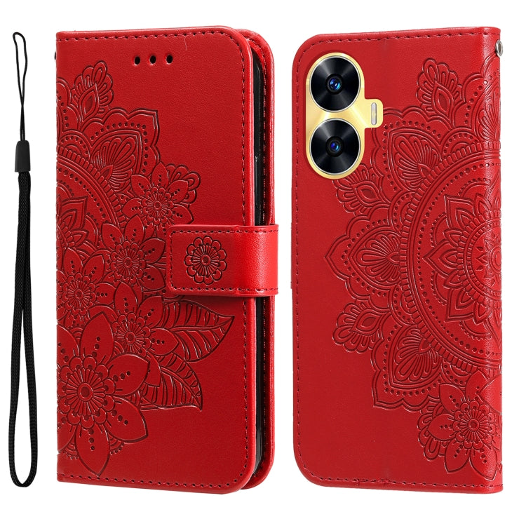 Red embossed 7-petal flower leather phone case with flip stand and wrist strap