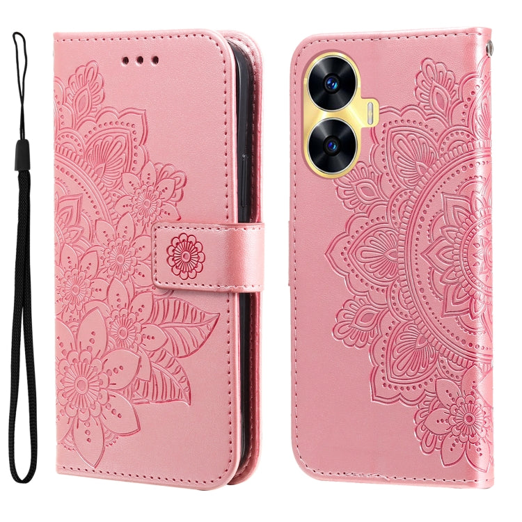 Rose pink embossed 7-petal flower leather phone case with flip stand and wrist strap