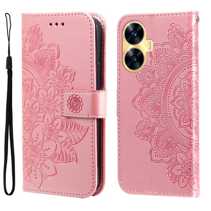 Rose pink embossed 7-petal flower leather phone case with flip stand and wrist strap