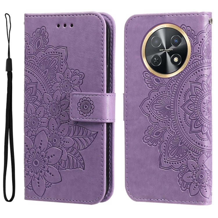Lavender embossed floral leather-style flip phone case with magnetic strap and camera cutout