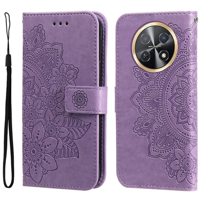 Lavender embossed floral leather-style flip phone case with magnetic strap and camera cutout