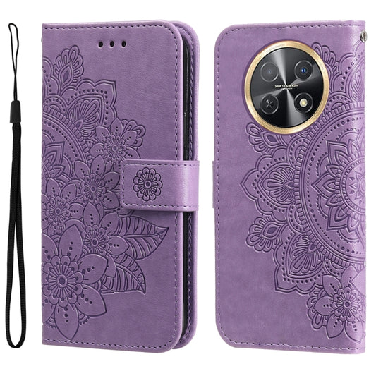 Lavender embossed floral leather-style flip phone case with magnetic strap and camera cutout