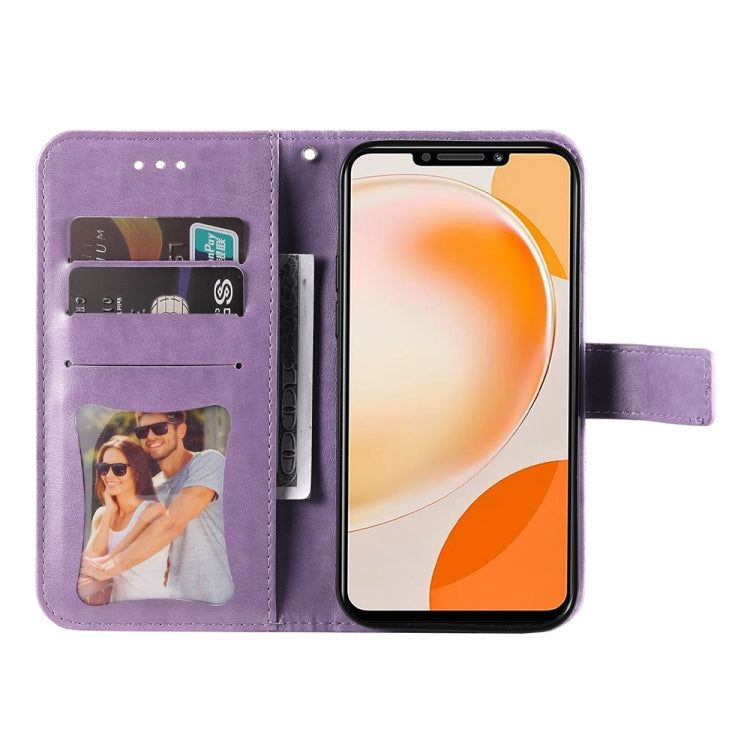 Lavender flip phone case showing interior card slots and clear ID window
