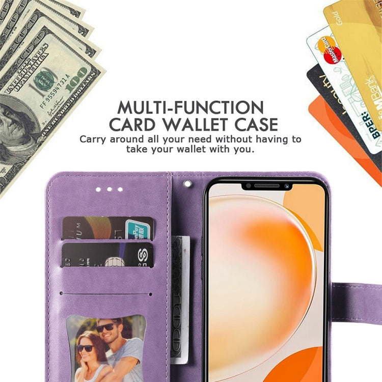 Lavender multi-slot card wallet phone case with embossed floral front and flip cover