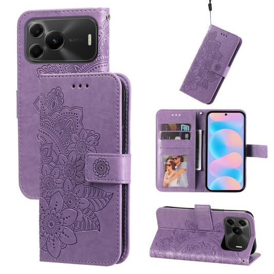 Light purple embossed flower leather phone case with flip cover, card slot, and magnetic strap