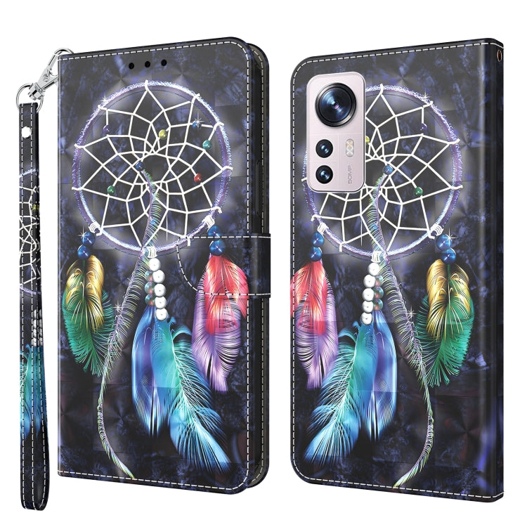 Dark blue leather phone case with neon dreamcatcher circle and feathers, wrist strap.
