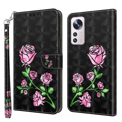 Black leather phone case with pink roses and green leaves, card slot pocket.