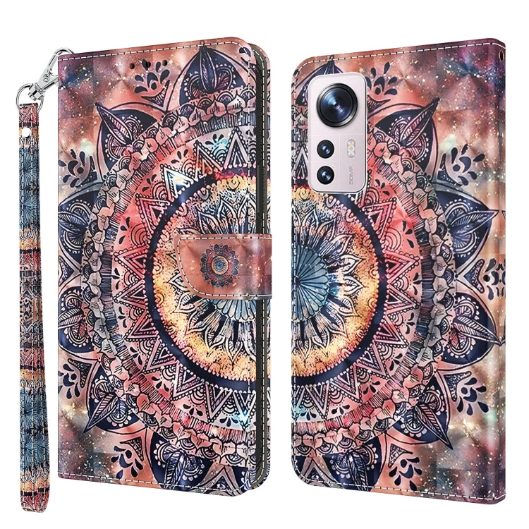 Multicolor leather phone case with ornate mandala artwork, wrist strap.