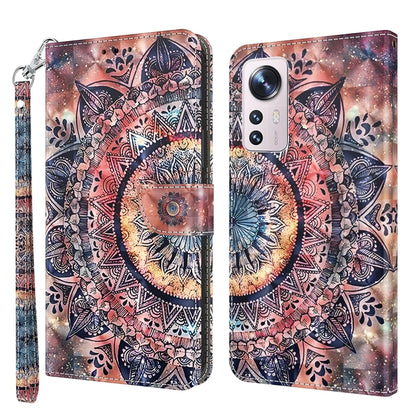 Multicolor leather phone case with ornate mandala artwork, wrist strap.