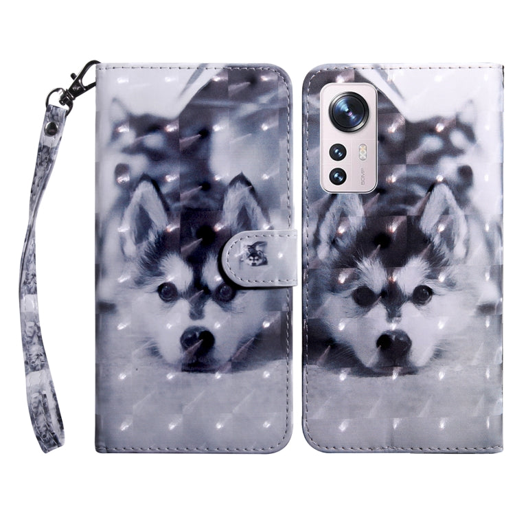 Light gray leather wallet phone case with two black-and-white dog portraits, wrist strap