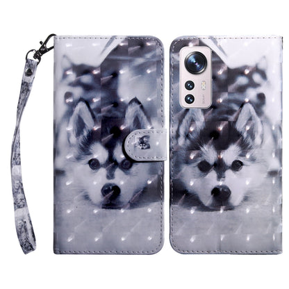 Light gray leather wallet phone case with two black-and-white dog portraits, wrist strap