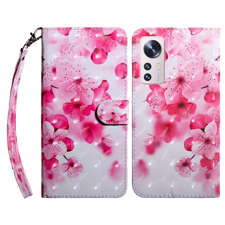 Pink leather wallet phone case with cherry blossom flowers and floral 3D pattern, strap